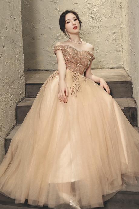 Champagne star prom dress, sequined off shoulder evening dress,Custom Made