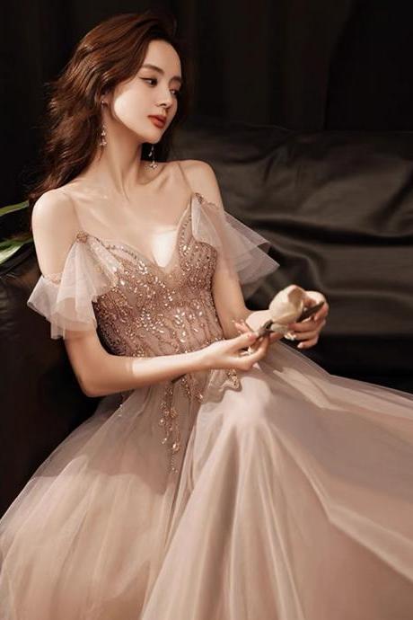 Off-the-shoulder evening dress, socialite, light luxury, temperament bridesmaid dress,Custom Made