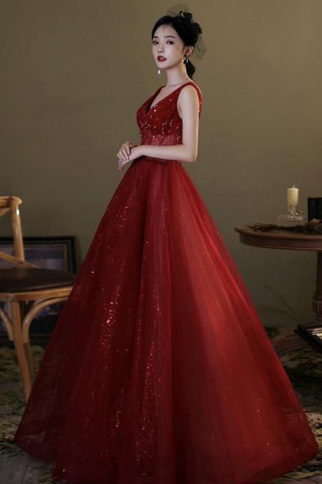V-neck Burgundy Prom Dress, Sleeveless Evening Dress,custom Made