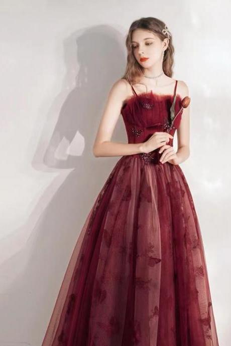 New, summer, long red prom dress, spaghetti strap evening dress,Custom Made