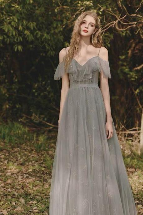 Grey bridesmaid dress, grey party dress daily dress,spaghetti strap prom dress,Custom Made