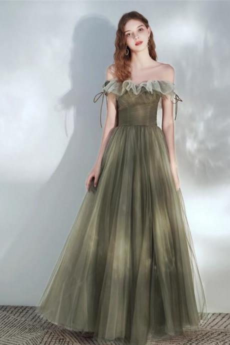 Off-the-shoulder prom gown, classy avocado green evening gown, fairy party dress,Custom Made