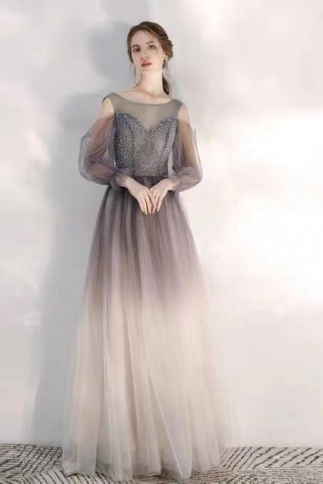 Long Sleeve Evening Dress, Gradient Party Dress, Temperament Purple Fairy Dress,custom Made