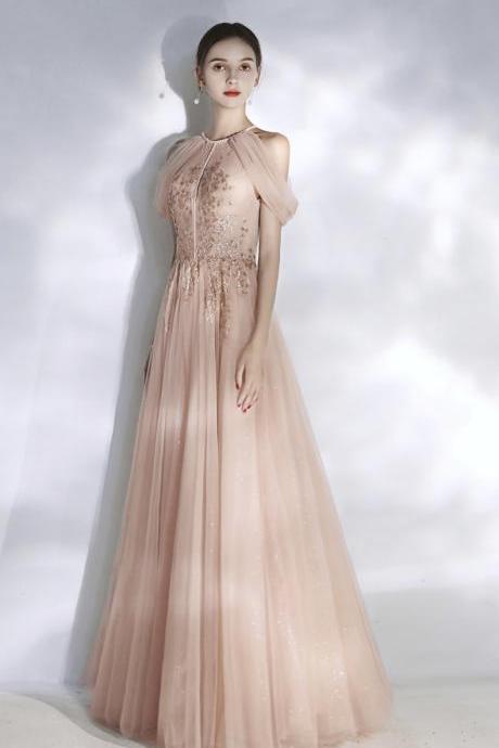 Pink dream prom dress, halter neck evening gown,Custom Made