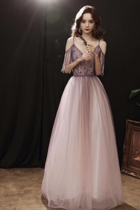 Purple Fringed Shoulder Gown ,spaghetti Strap Prom Dress,custom Made