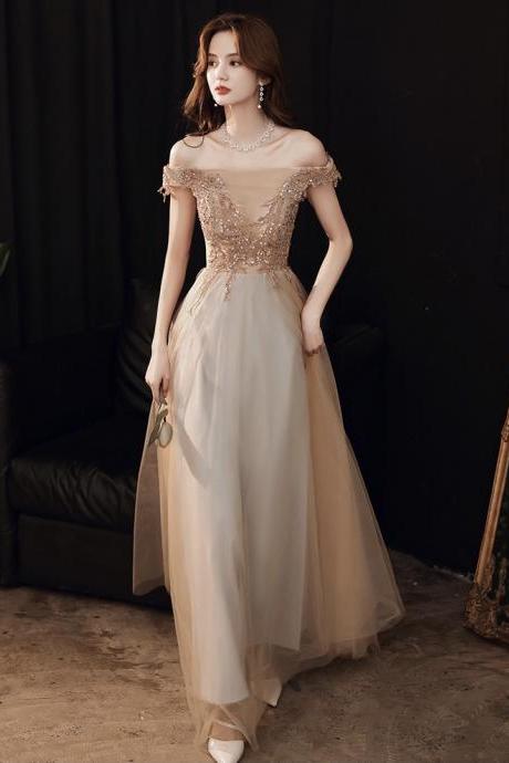 Champagne Star Prom Gown, Off Shoulder Beaded Evening Dress,custom Made