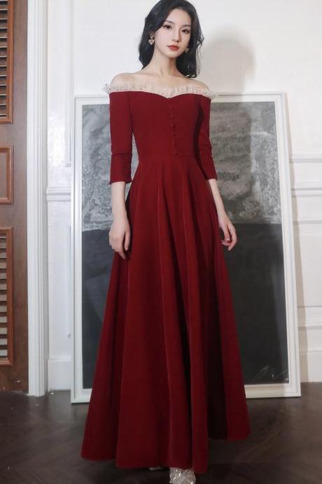 Burgundy prom gown, off shoulder party dress, fairy midi dress,Custom Made