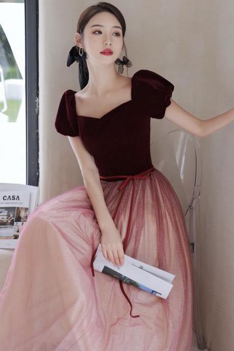 Light luxury halter prom dress, burgundy bubble sleeve princess party dress,Custom Made