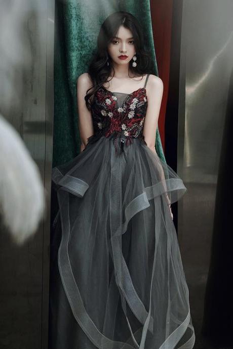 Elegant, sexy, long black halter dress, mesh decal prom dress,Custom Made