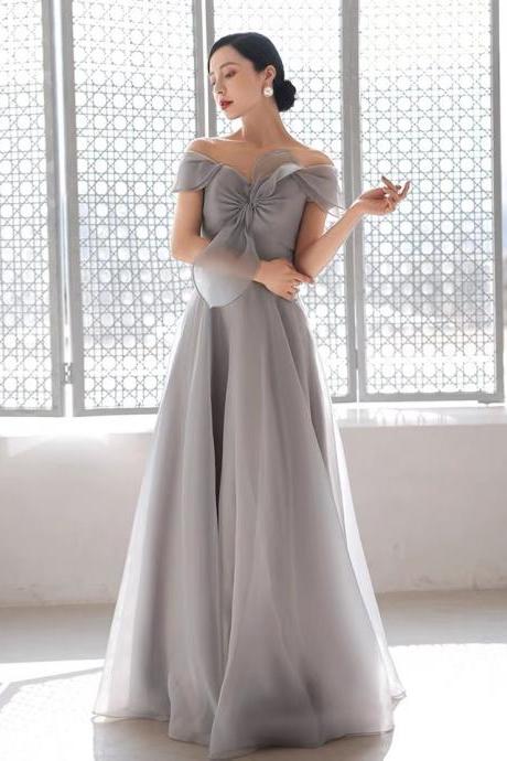 Gray bridesmaid dress, long temperament off shoulder prom dress ,Custom Made