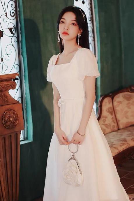 White evening dress, temperament square collar party dress,Custom Made