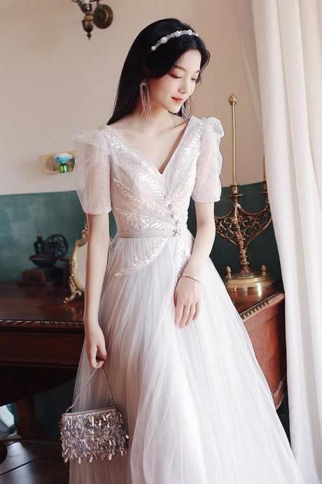 Bubble sleeve evening dress, temperament prom dress, light luxury party dress,Custom Made