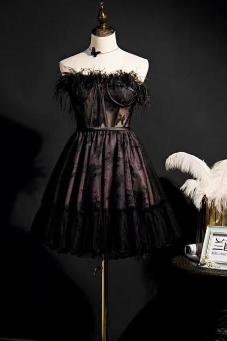 Black feather evening dress, temperament short dress, socialite party dress, black Swan light luxury dress,Custom Made
