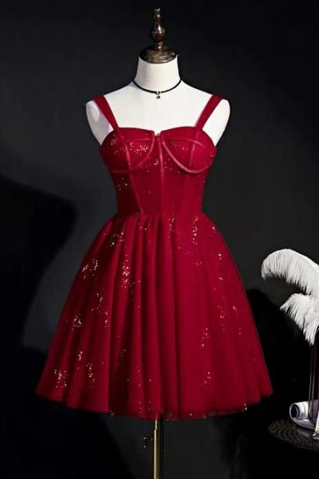 Spaghetti Strap Graduation Dress, Shiny Home Dress, Red Party Dress,custom Made