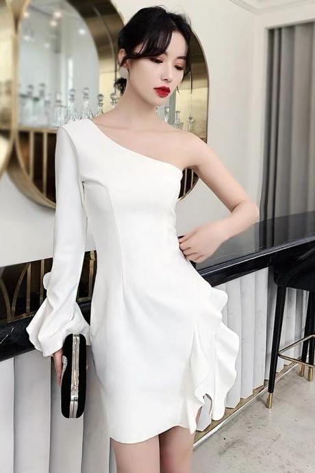 White Little Evening Dress, One-shoulder Prom Dress, Light Luxury Party Dress,homecoming Dress,custom Made