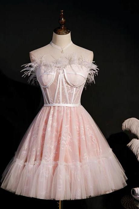 Feather Pink Dress, Light Luxury Lace Dress, Fairy Sweet Dress,custom Made