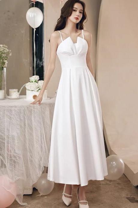Spaghetti strap party dress, satin prom dress,white dress, simple bridesmaid dresses,homecoming dress,custom made