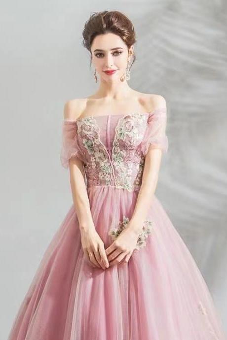 Fairy Pink Bridal Gown, Off-the-shoulder Applique Evening Gown,custom Made