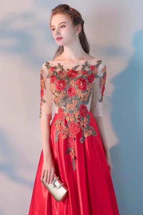 Mid Sleeve Red Evening Dress, Satin Prom Dress With Applique,custom Made