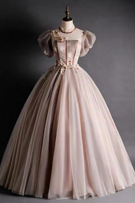 High-neck evening dress, pink party dress, princess ball gown dress,custom made
