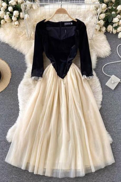 Vintage long sleeve prom dress, velvet dress, new, autumn patchwork palace style tulle fairy dress