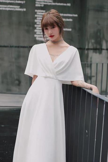 White evening dress, temperament satin dress ,v-neck light luxury prom dress,custom made