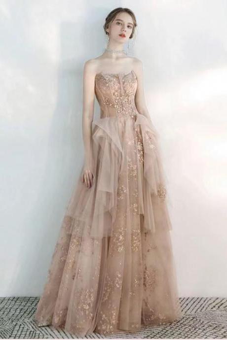New ,champagne wedding bridesmaid dresses, strapless long prom dress,custom made