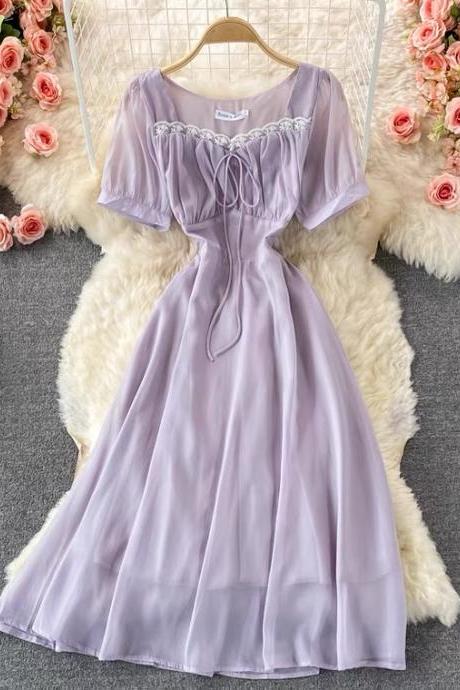 Square Collar Lace Chiffon Dress, Gentle Wind Super Fairy Sweet Temperament Dress