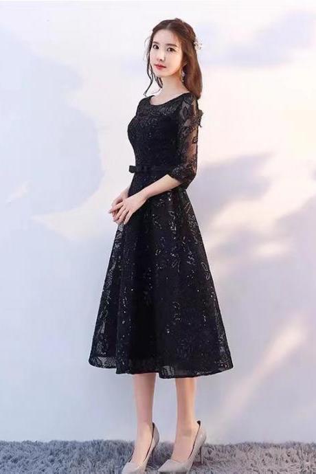 Mid-sleeve Evening Dress, Long Black Evening Dress, Lace Party Gown,homecoming Dress,custom Made