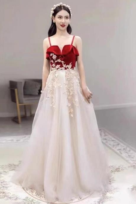 Spaghetti Strap Party Dress, Lotus Collar Prom Dress, Chic Applique Evening Dress,custom Made