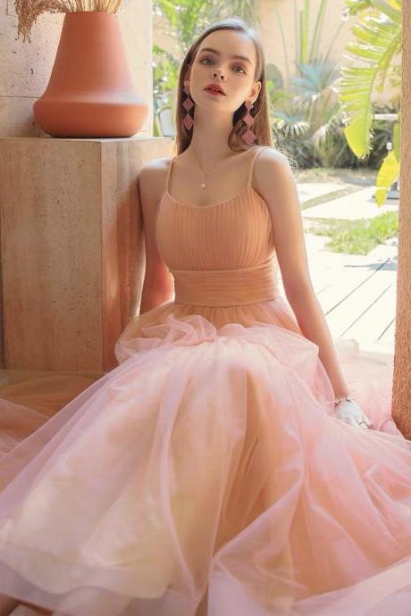 Cute high quality party dress, pink graduation dress, temperamental tull dress, sweet spaghetti strap dress,custom made
