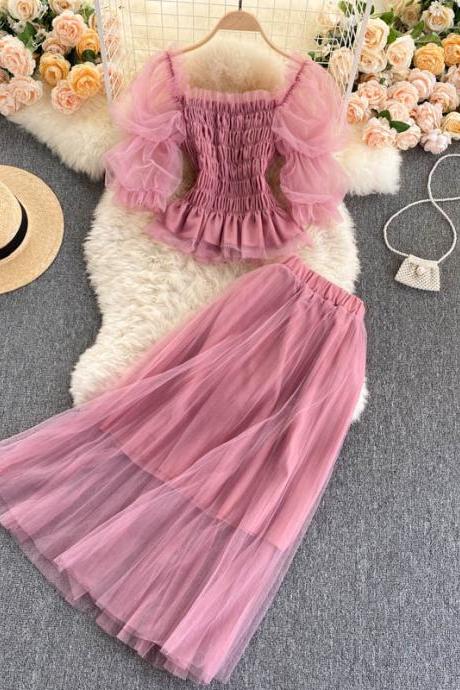 Fairy Lady Temperament Suit, Style, Short Crop Top, Sweet Mesh Skirt, Two Pieces