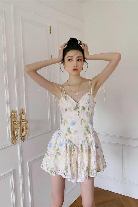 New, lace flower, cute, fairy halter dress, v-neck short dress