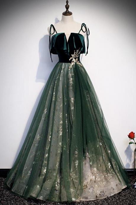 Spaghetti strap evening dress, temperament, green long fairy dress, dream shiny party dress,custom made