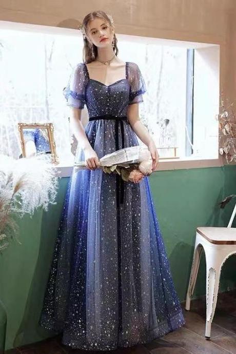 Blue bubble sleeve prom dress, shiny birthday dress, dream party evening,custom made