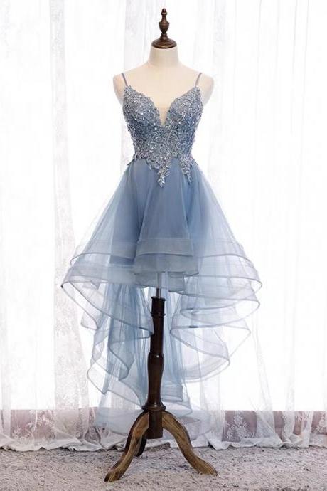 Spaghetti strap party dress, blue high low dress, fairy lace homecoming gowns,custom made