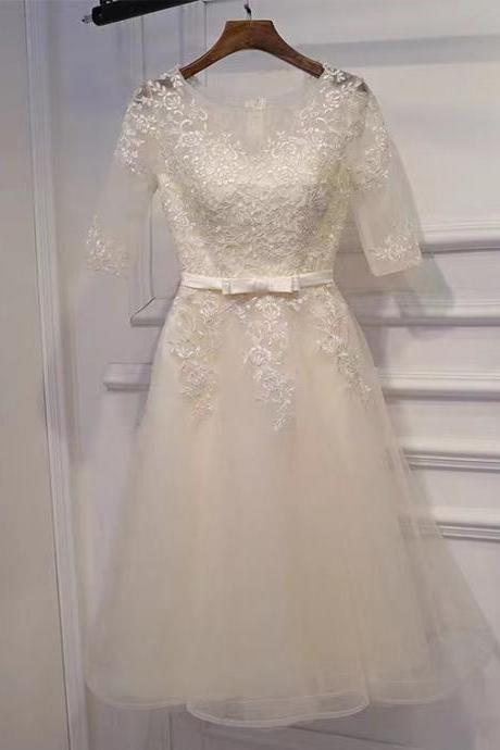 Mid-sleeved evening dress, elegant short dress Bridesmaid dress,champagne party dress,custom made