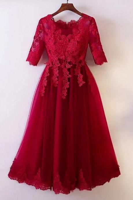 High waist midi Burgundy dress,lace homecoming dress,custom made