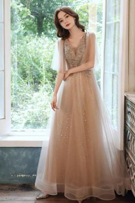 Champagne Evening Dress, V-neck Prom Dress ,fairy Bridesmaid Dress,custom Made