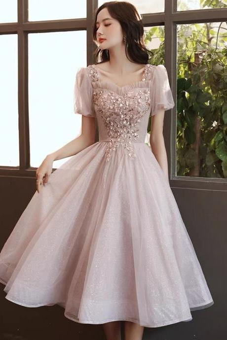 Square Collar Evening Dress, Pink Bridesmaid Dress, Sweet Birthday Dress,homecoming Dress,custom Made