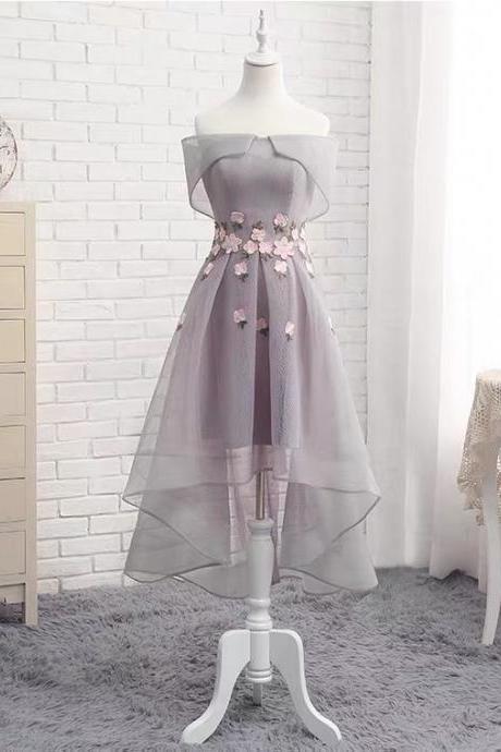 Off shoulder evening dress, applique homecoming dress, gray high low dress,custom made