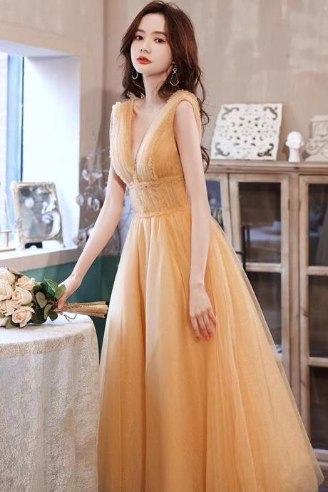 V-neck party dress, yellow bridesmaid dress, lady's birthday dress,custom made