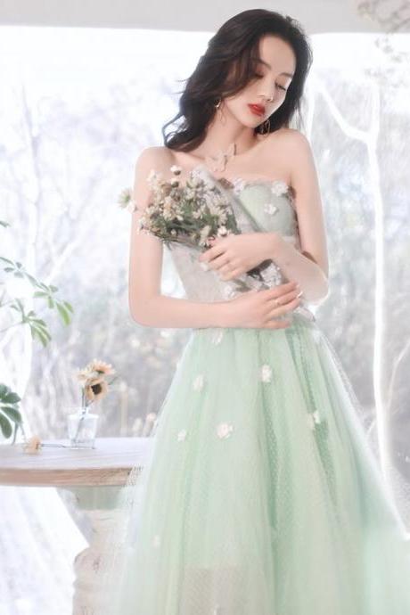 Strapless Prom Dress, Fairy Bridesmaid Dress, Green Birthday Dress With Applique,homecoming Dress,custom Made
