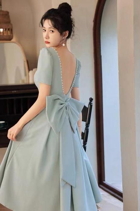 Square collar evening dress, blue party dress, backless bridesmaid dress with pearls ,homecoming dress,custom made
