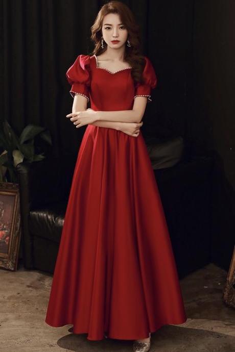 Red party dress,short sleeve prom dress,satin evening dress,custom made