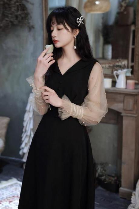  Black evening dress, long-sleeve socialite dress, sweet birthday dress,custom made