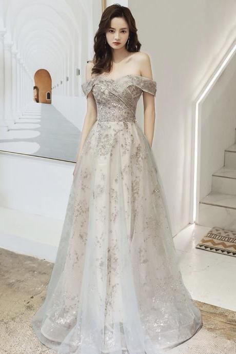 Fairy Off Shoulder Evening Dress, Shiny Grey Prom Dress,custom Made