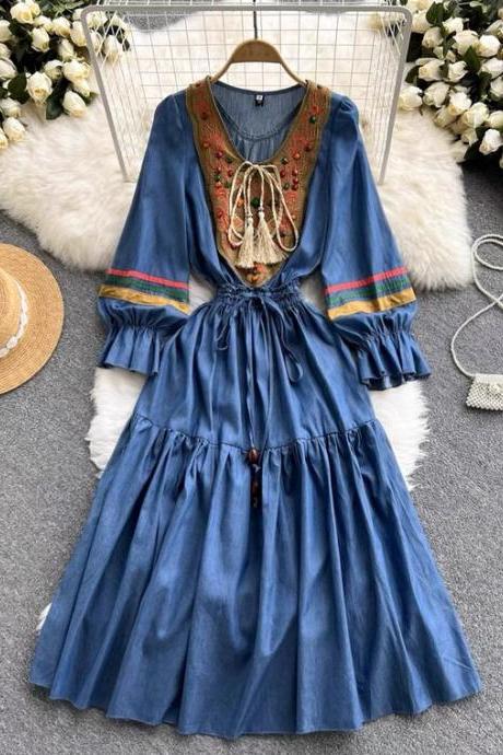 Ethnic Style, Vintage Embroidered Denim Dress, Autumn/winter, Style, V-neck Dress