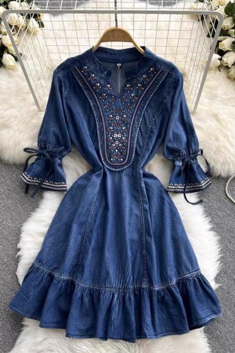 Ethnic Style, Temperament, Vintage Embroidered Denim Dress, Waist, Horn Sleeve Big Swing A-line Dress