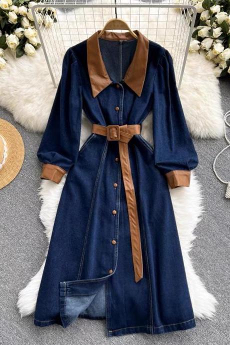 Autumn/winter, new style, PU leather lapel, patchwork, single breasted, mid-length denim dress with bubble sleeves
